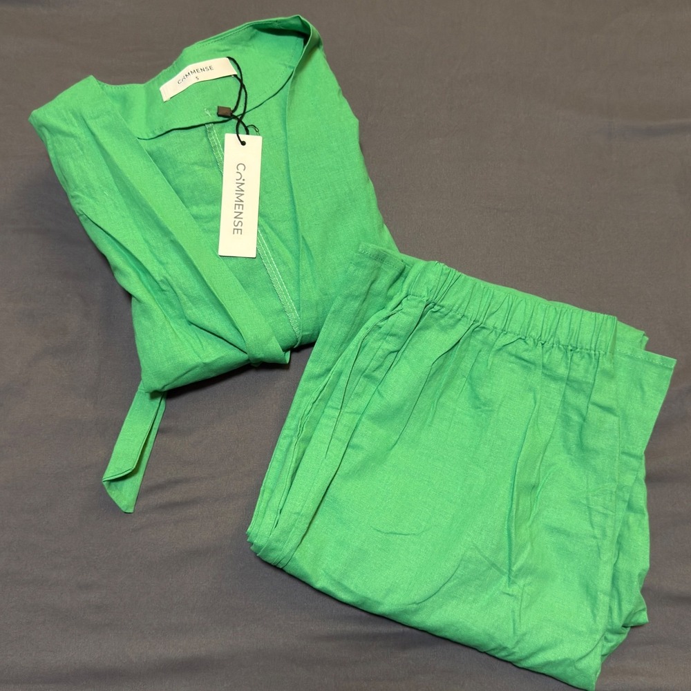 Commense Oversized Linen Tied Two Piece Pants Set in Green Size Small - Picture 2 of 8